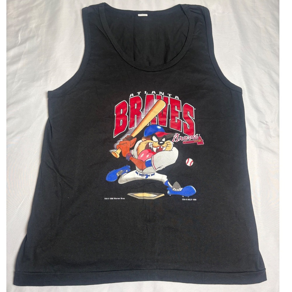 Vintage Atlanta Braves Tank Top Mens L Black Excellent 1996 Taz Looney Tunes
